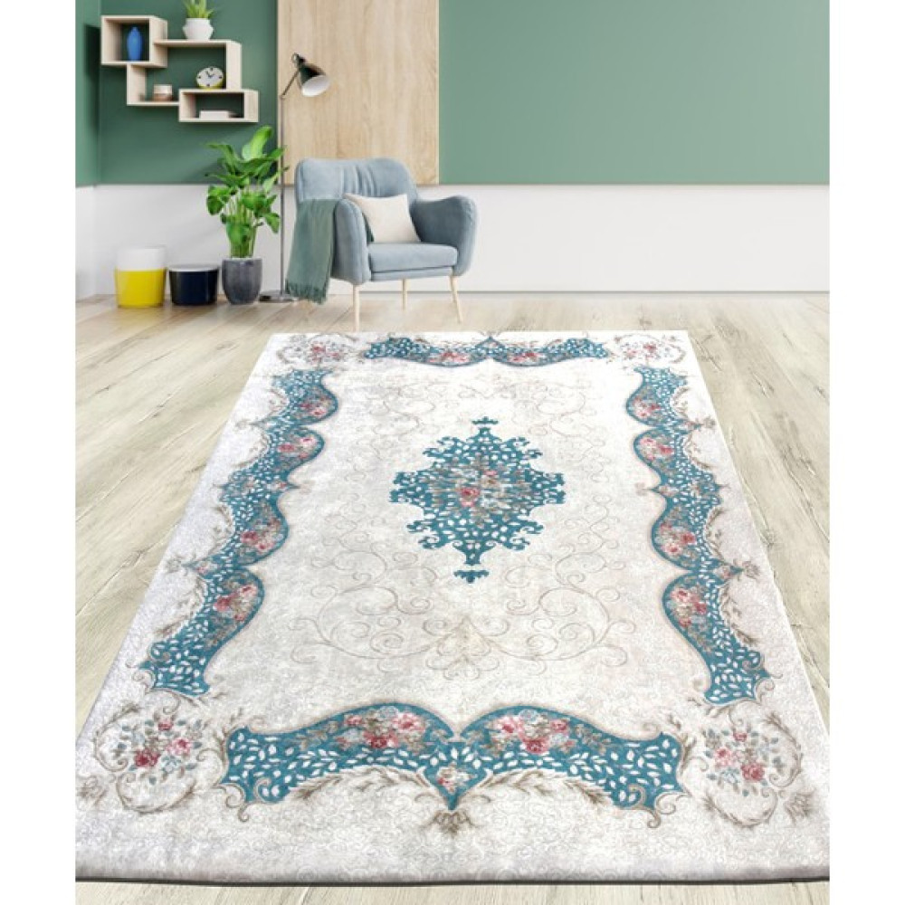 Nur Home Tekstil Süngerli Kadife Lastikli Halı Örtüsü Nrh-15 Saray Model - 150 x 230 cm - Ekru Salon & Oturma Odası Tekstili Fiyatı