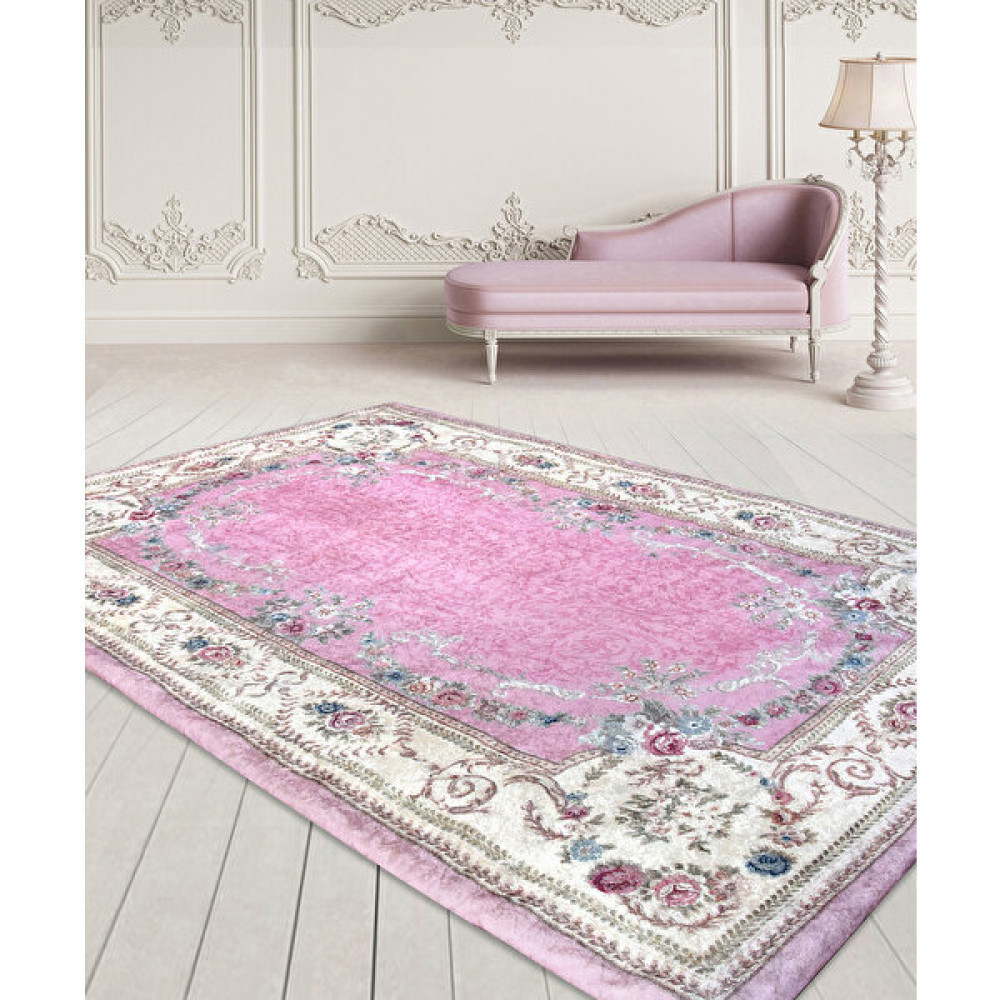 Nur Home Tekstil Süngerli Kadife Lastikli Halı Örtüsü Nrh-22 Pembe Krem Çiçekli - 160 x 230 cm - Renkli Salon & Oturma Odası Tekstili Fiyatı