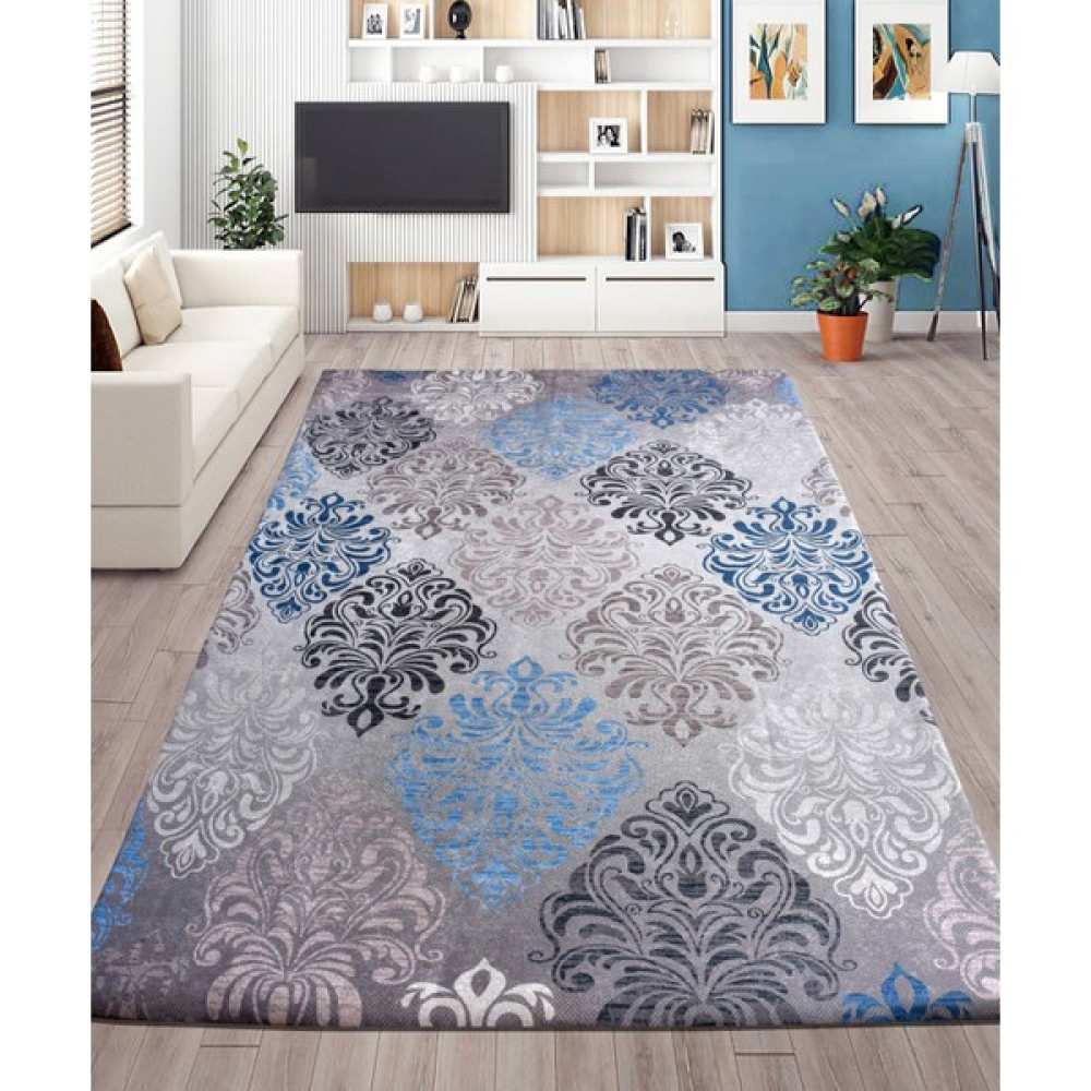 Nur Home Tekstil Süngerli Kadife Lastikli Halı Örtüsü Nrh-27 Mavi Damaks - 150 x 230 cm - Renkli Salon & Oturma Odası Tekstili Fiyatı