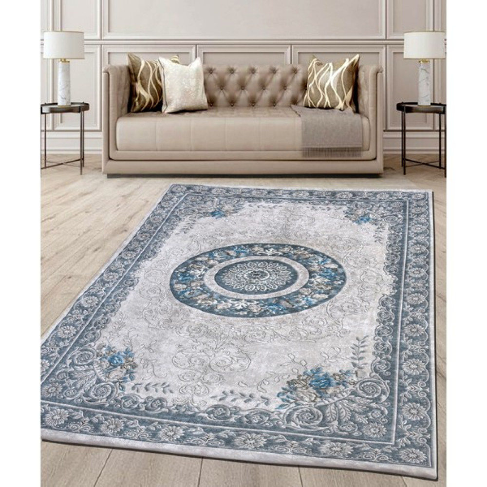 Nur Home Tekstil Süngerli Kadife Lastikli Halı Örtüsü Nrh-41 Eskitme Desenli - Mavi - Gri - 200 x 290  cm Salon & Oturma Odası Tekstili Fiyatı