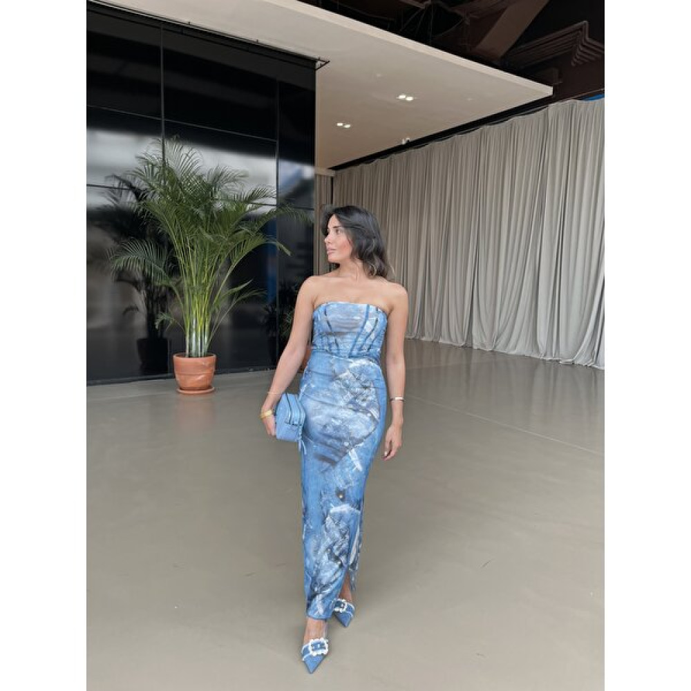 Nur Sönmez Fashion Jean Desenli Mavi Straplez Elbise Elbise Fiyatı