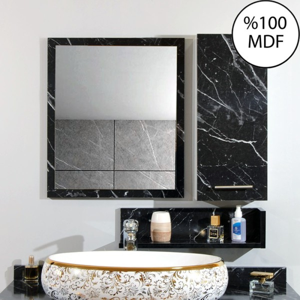 Nurcelant Banyo Dolabı Aynası Rafı Mdf 80 cm Üst Modül Siyah Beyaz Mermer Desen - Siyah - Beyaz Banyo Dolabı / Mobilyası Fiyatı