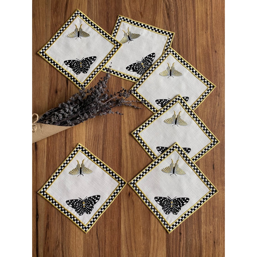 Nurhan Home 6 Adet Kelebek Desenli Nakışlı Kokteyl Sunum Peçetesi - Ekru - Gold - 15 x 15 cm Diğer Fiyatı