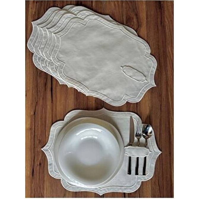 Nurhan Home Collection NURHANHOME Modern Tema Ekru Nakışlı 6 Parça Dikdörtgen Kaşıklıklı Amerikan Servis Supla - 35 x 50 Diğer Fiyatı