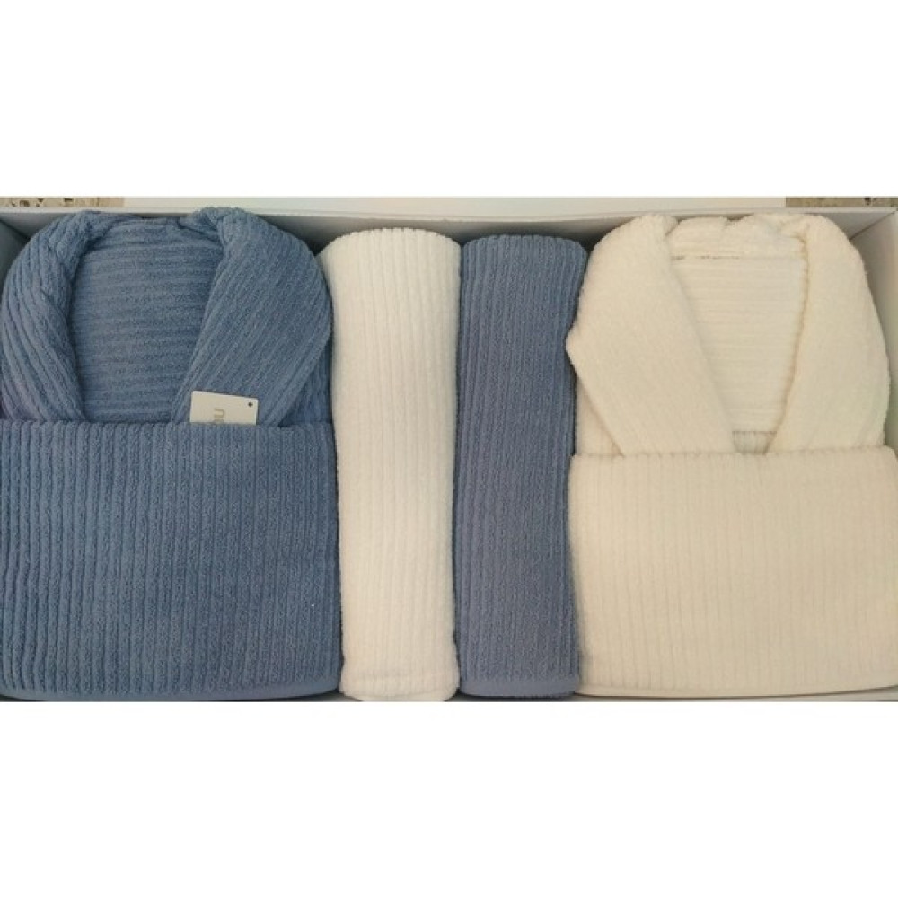 Nurpak 544 Ekol Aile Bornoz Seti(8 Parça) - Indigo Mavi - Krem - Standart Bornoz Fiyatı