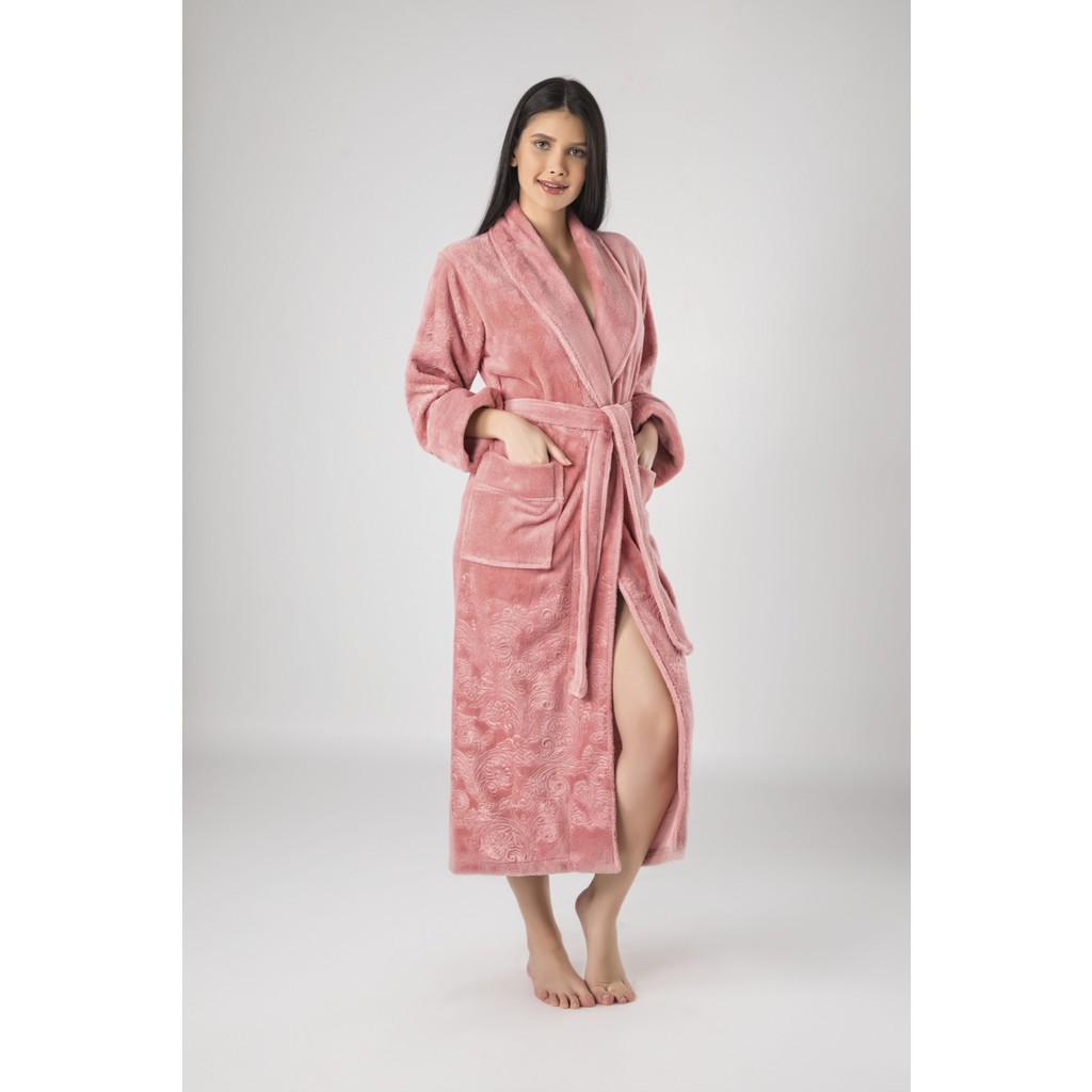 Nuşa Krem Eteği Kolu Jakarlı Bambo Cotton Bayan Bornozu - 2XL - Pudra Bornoz Fiyatı