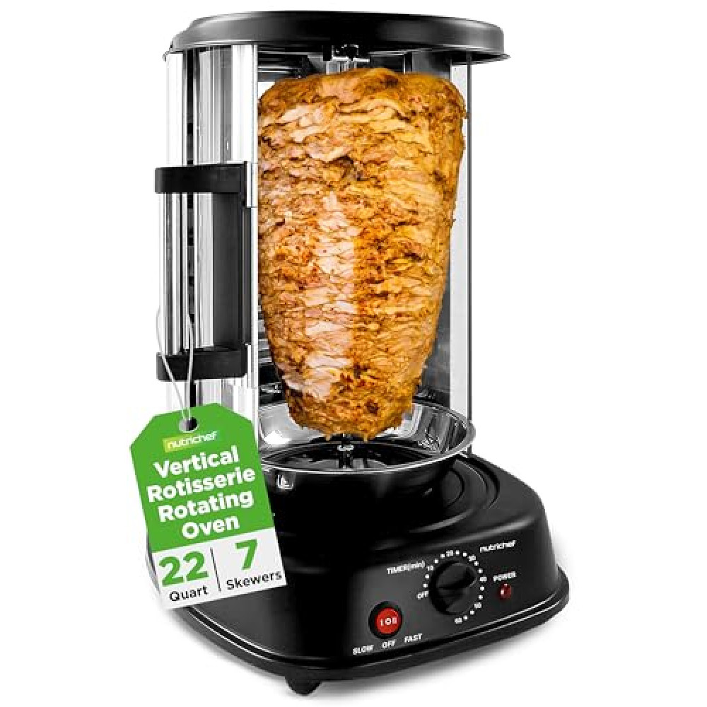 NutriChef Vertical Rotating Turkey & Shawarma Oven | Rotisserie, Shawarma, & Kebab Machine | Stain-Resistant, Energy-Efficient | Heat-Resistant Door | Includes Kebab Rack & 7 Skewers | Stainless Steel