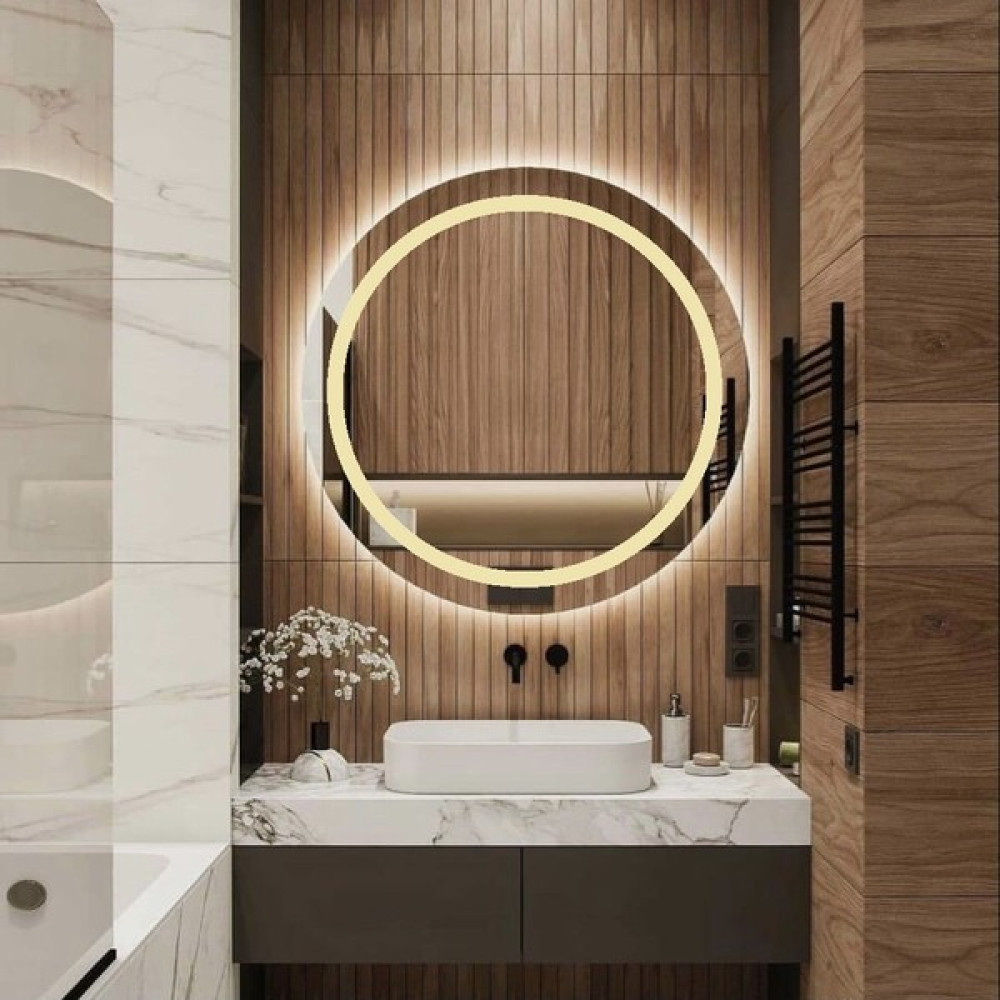 Nuun Dekor LED Işıklı Kumlamalı Yuvarlak Ayna - Trafolu - Sarı - 80 cm Banyo Aynası Fiyatı