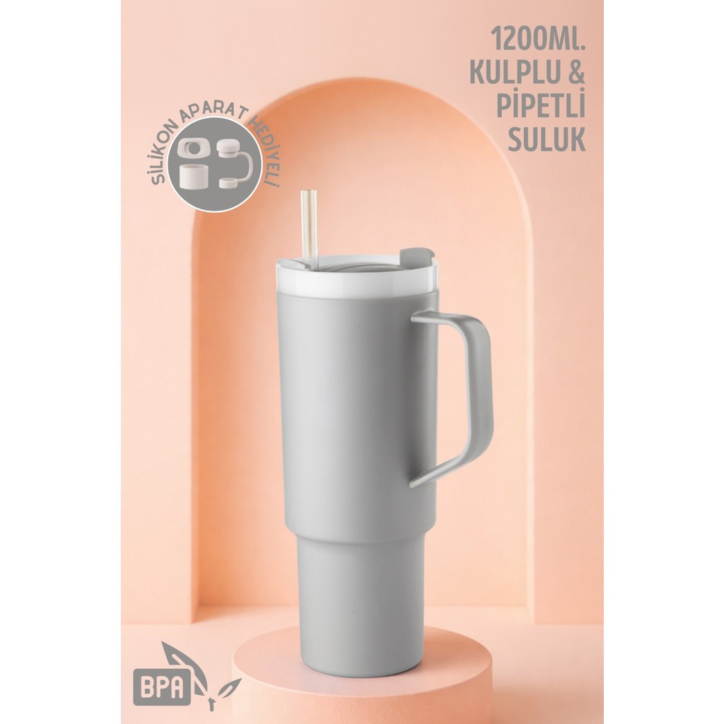 Ny Home Büyük Boy, Kulplu ve Pipetli 1200ML. Suluk & Matara - Silikon Aparat Hediyeli Gri - 1200 ml Diğer Fiyatı