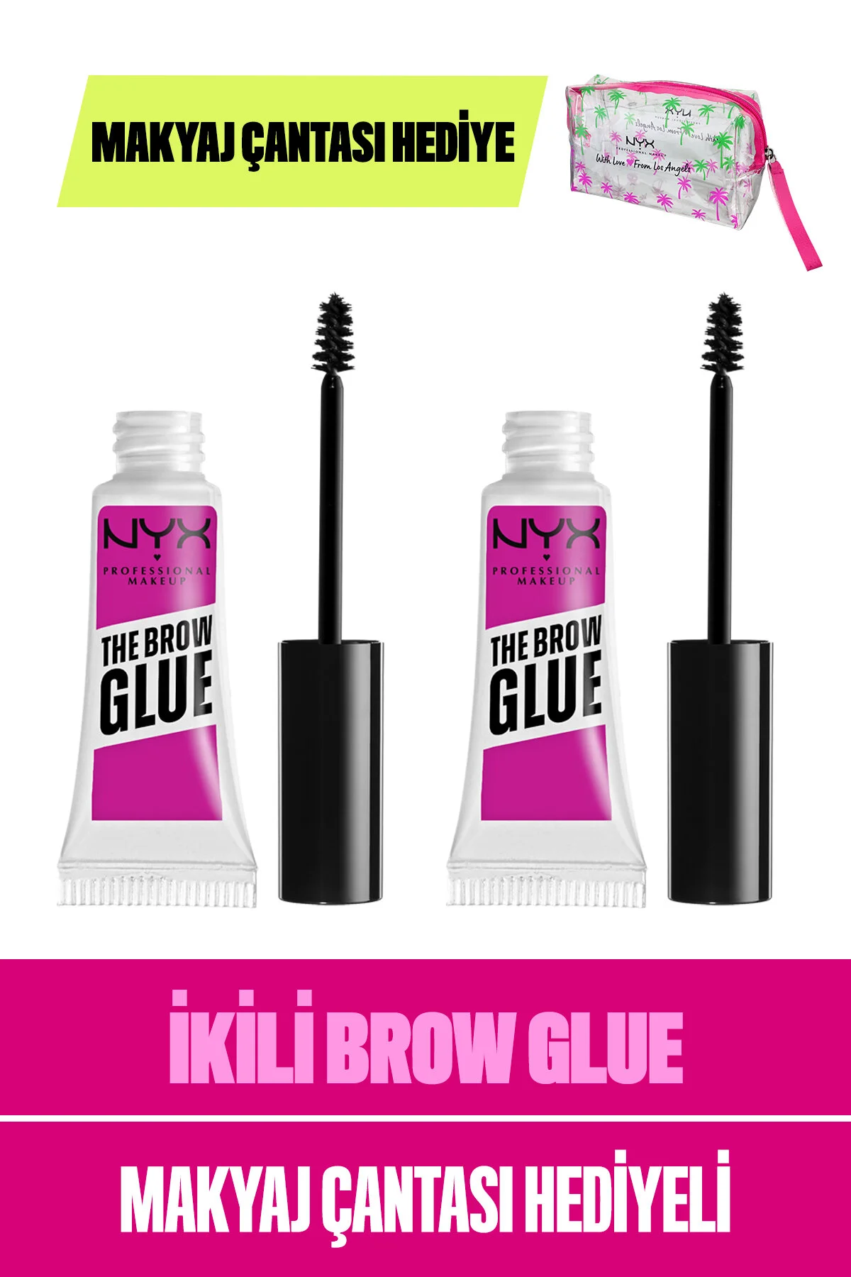 NYX Professional Makeup 2li The Brow Glue Instant Brow Styler-Şeffaf Kaş Sabitleyici Maskara Çanta Hediyeli-NYX Vegan Çanta" Kaş Makyajı Fiyatı