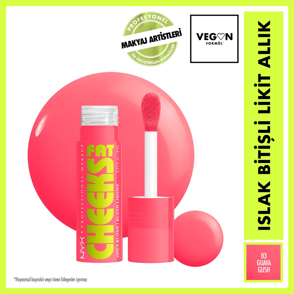 NYX Professional Makeup Fat Cheeks 3 Guava Gush Islak Bitişli Likit Allık Yumuşak Aplikatör ile Kolay Uygulama Allık Fiyatı