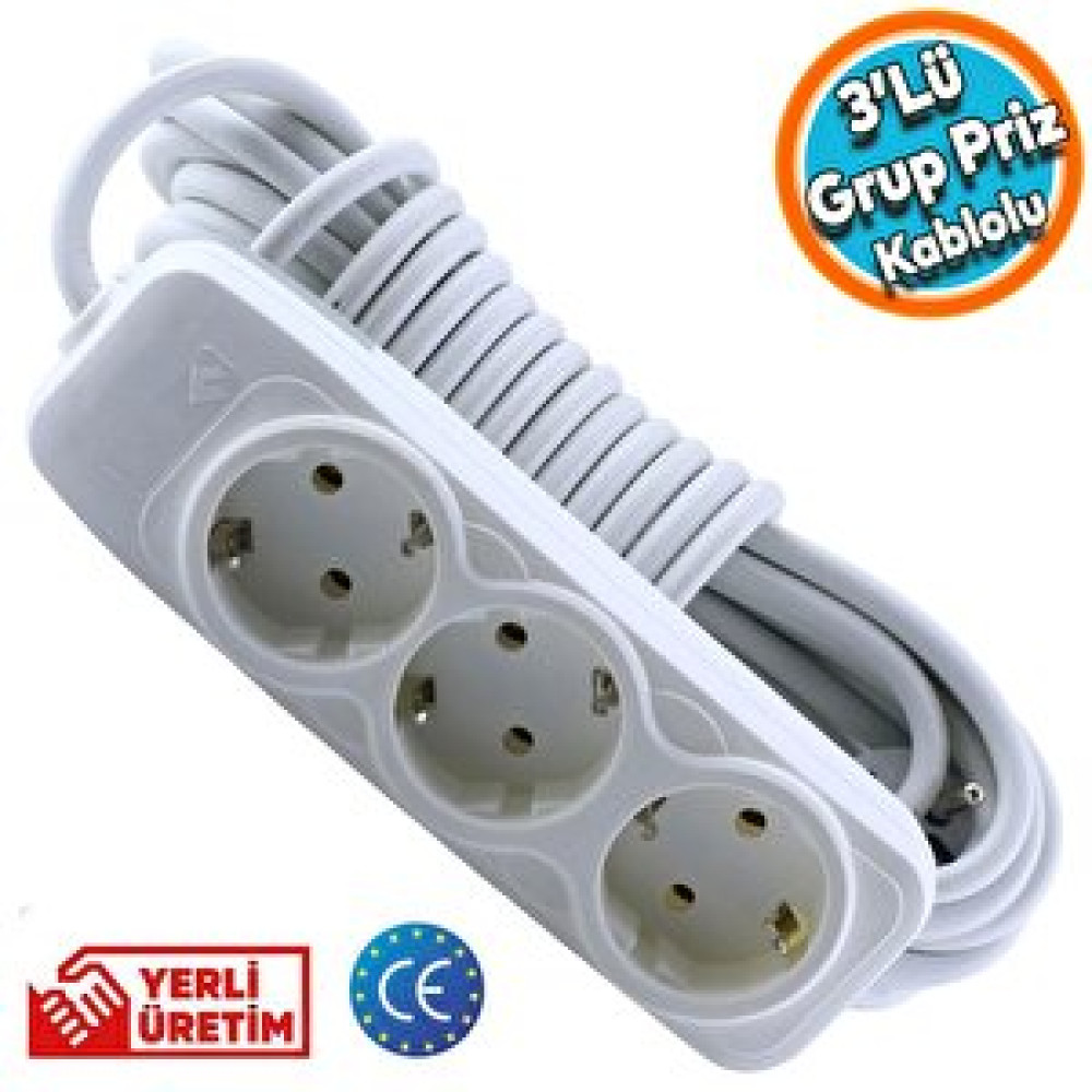Nzb 3'lü Grup Priz Anahtarsız Topraklı 5 Metre Seyyar Ara Kablolu Uzatma Kablolusu Üçlü Piriz Prizler Fiyatı