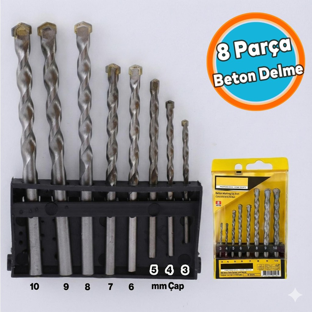 Nzb 8 Parça Beton Delme Matkap Ucu Set 8 'li Paket Betonarme Prekast Duvar Delme 3 4 5 6 7 8 9 10 mm Çap - Gri Matkaplar Fiyatı