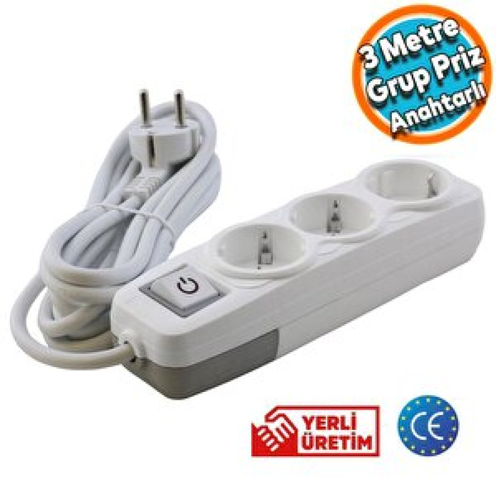 Nzb Anahtarlı Grup Priz 3'lü Topraklı 3 Metre Seyyar Ara Kablolu Uzatma Kablolusu Üçlü Piriz Prizler Fiyatı