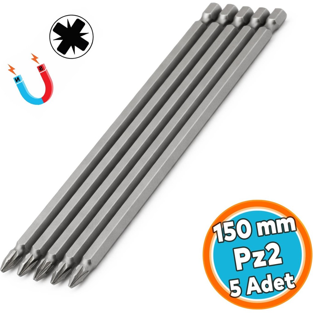 Nzb Mıknatıslı 150 mm (5 Adet) Pozidriv Bits Uç Pz2 Manyetik 1/4" Matkap Ucu 15 cm Güçlü Tayvan Çeliği - Gri Matkaplar Fiyatı