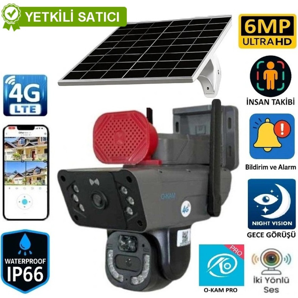 O-kam 3815 4G 6MP Dual Lens Güneş Panelli Solar Sirenli Güvenlik Kamerası Güvenlik Kameraları Fiyatı