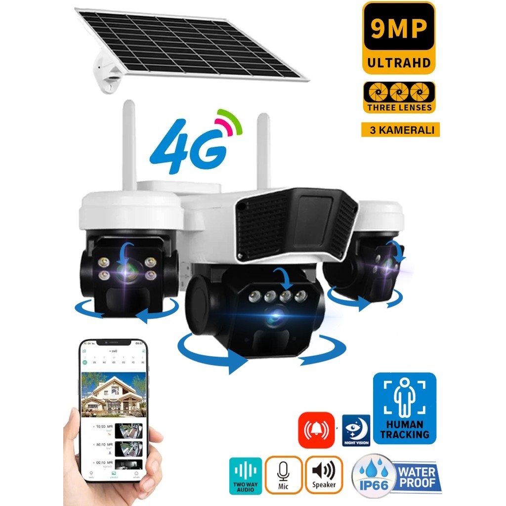 O-Kam 3936 9mp (3+3+3) Üç Kameralı Ultrahd 4g Solar Akıllı Güvenlik Kamerası - Kartsız Güvenlik Kameraları Fiyatı