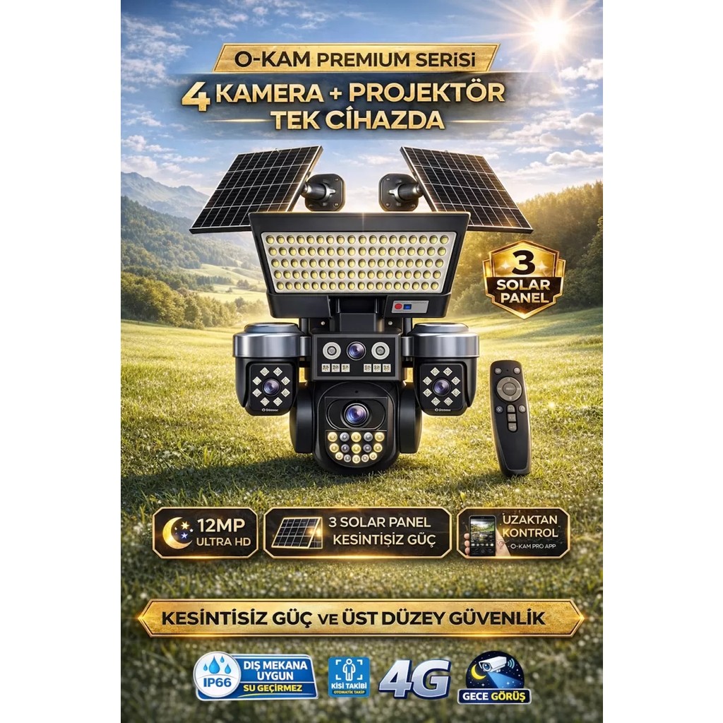 O-Kam OK334 Premium 12MP 4 Kameralı 4G 3 Solar Panel AOV Gece Görüş Sesli Konuşma Akıllı Kamera ve Kumandalı Projektör - Sim Kart Hariç TV Aksesuarları Fiyatı