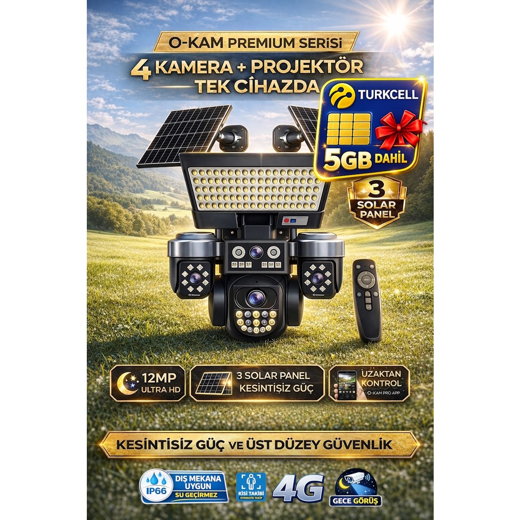 O-Kam OK334 Premium 12MP 4 Kameralı 4g 3 Solar Panel Aov Gece Görüş Sesli Konuşma Akıllı Kamera ve Kumandalı Projektör Turkcell Sim Kart TV Aksesuarları Fiyatı