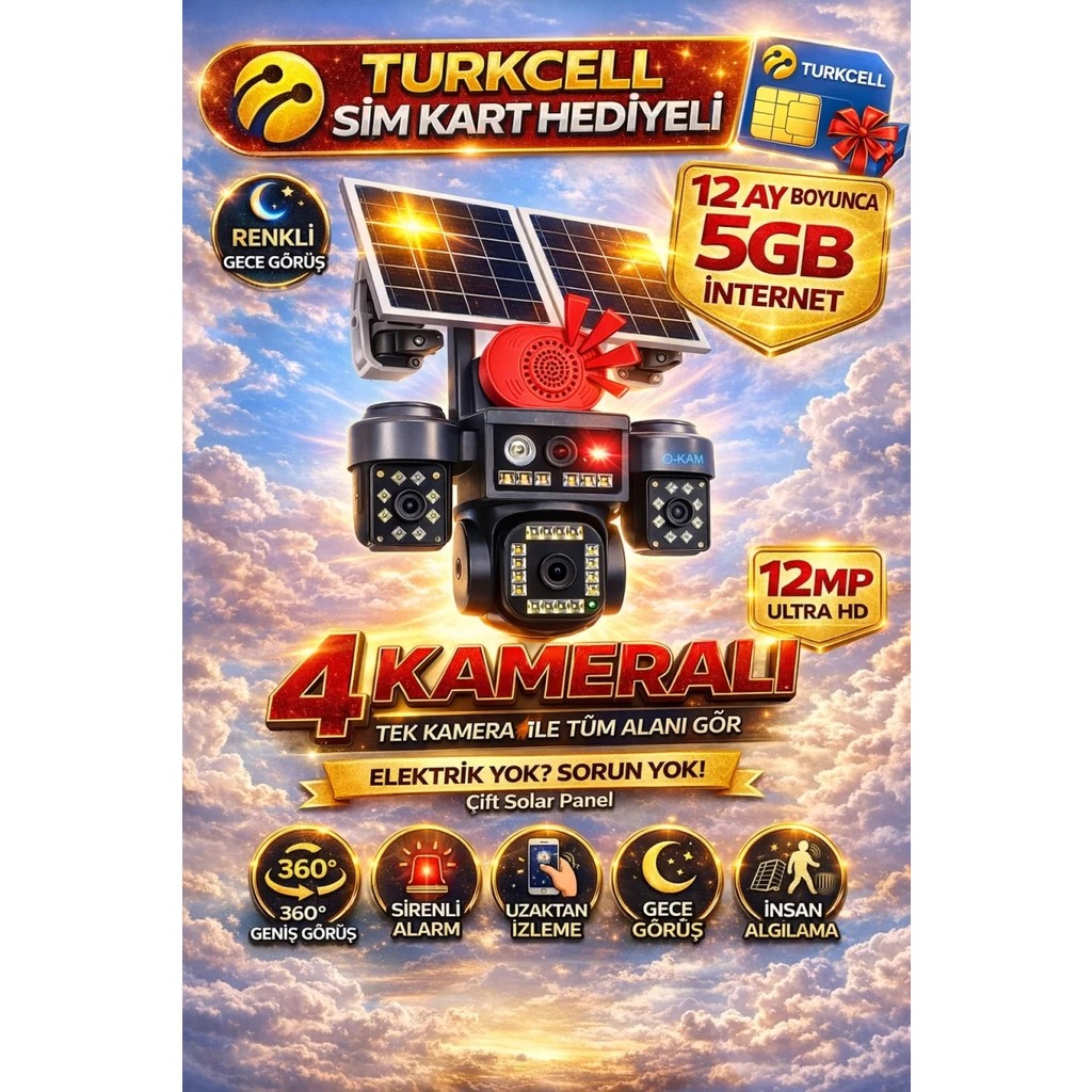 O-Kam OK337 Premium 12MP 4 Kameralı 4G Çift Solar Panel AOV Gece Görüş Sesli Konuşma 1 Yıl Turkcell İnternet - Gri - Siyah Diğer Fiyatı
