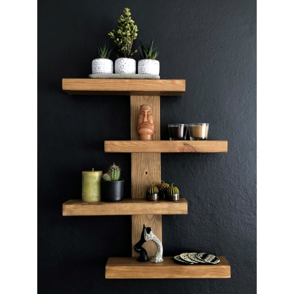 O&A Wood Doğal Ahşap Dekoratif Minimal Duvar Rafı4 Katlı Vintage Retro Ahşap Raf Kitaplık - Duvar Rafı & CD / DVD Rafı Fiyatı