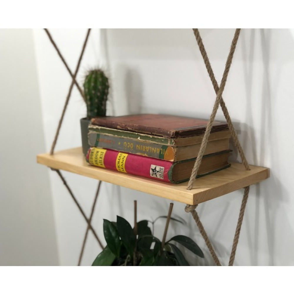 O&A Wood Halatlı Doğal Ahşap Dekoratif Duvar Rafı, 3 Katlı Ahşap Çiçeklik, Retro Hasır Ipli Ahşap, Renksiz Kitaplık - Duvar Rafı & CD / DVD Rafı Fiyatı