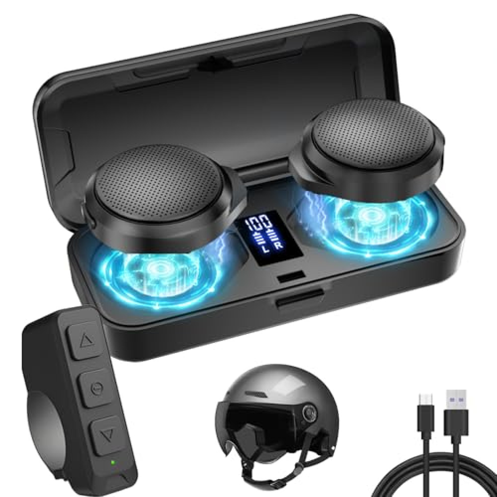 OBEST Motorcycle Bluetooth Headset with Charging Case, Helmet Bluetooth Speaker with Microphones & LED Display, 1900mAh Battery with 50Hours Work Time Wireless Headsets for Skiing and Riding