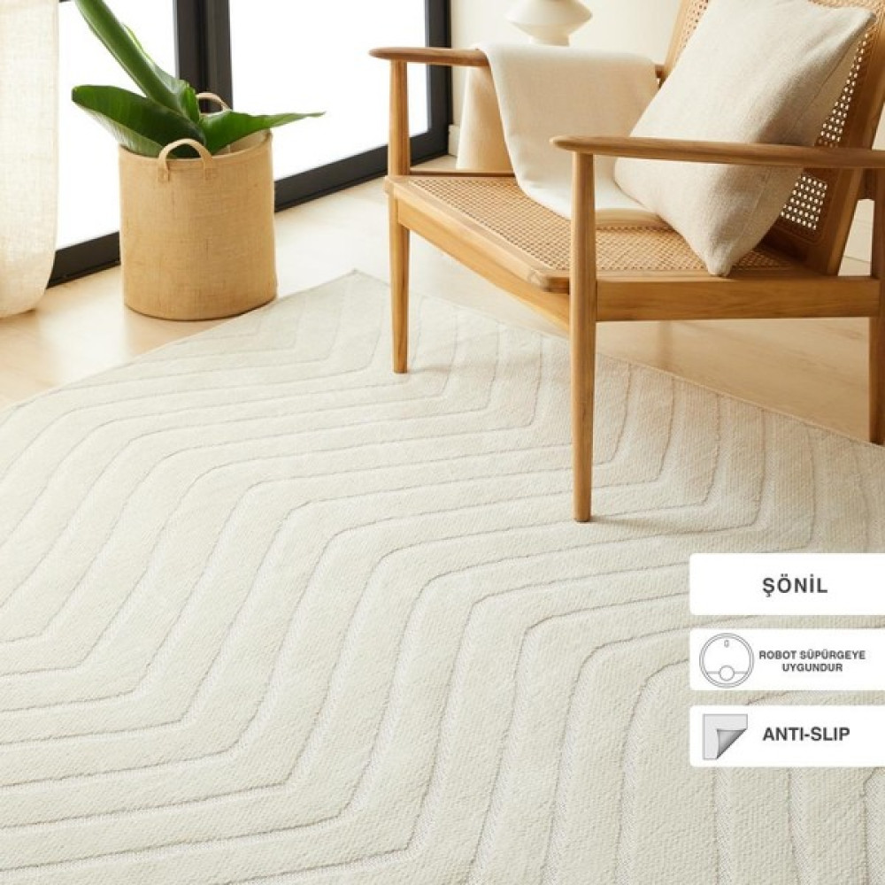 Ocean Home Textile Ekru Renk Dalga Desenli Şönil Halı Kilim 120 x 180 cm - Ekru - Krem Kilim Fiyatı