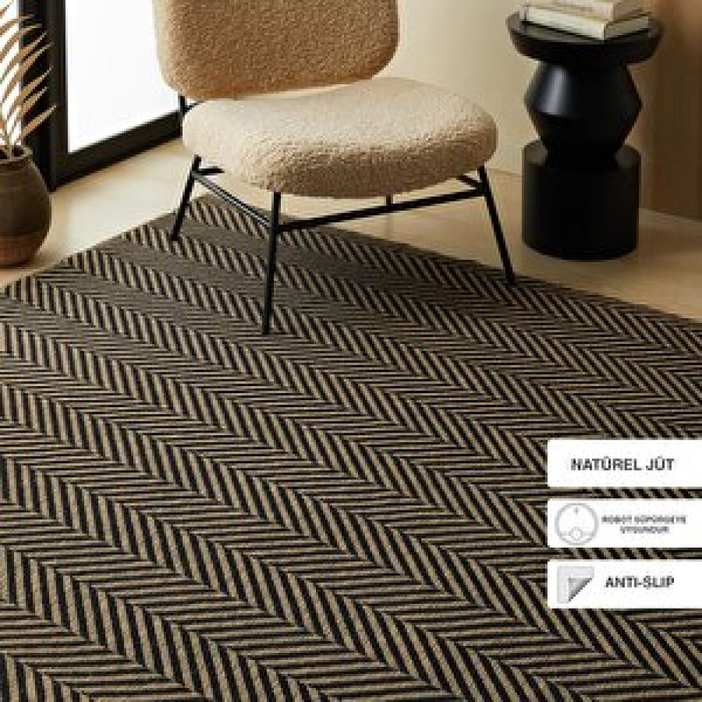 Ocean Home Textile Siyah Renk Balıksırtı Jüt Halı Kilim 120 x 180 Cm Kilim Fiyatı