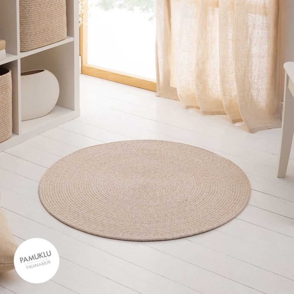 Ocean Home Textile Yıkanabilir Bej Kırçıllı Pamuklu Halı Kilim 80 cm çap - 80 x 80 cm Kilim Fiyatı