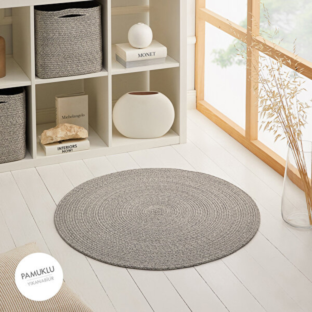 Ocean Home Textile Yıkanabilir Gri Kırçıllı Pamuklu Halı Kilim 80 cm çap - Gri - Siyah - 80 x 80 cm Kilim Fiyatı