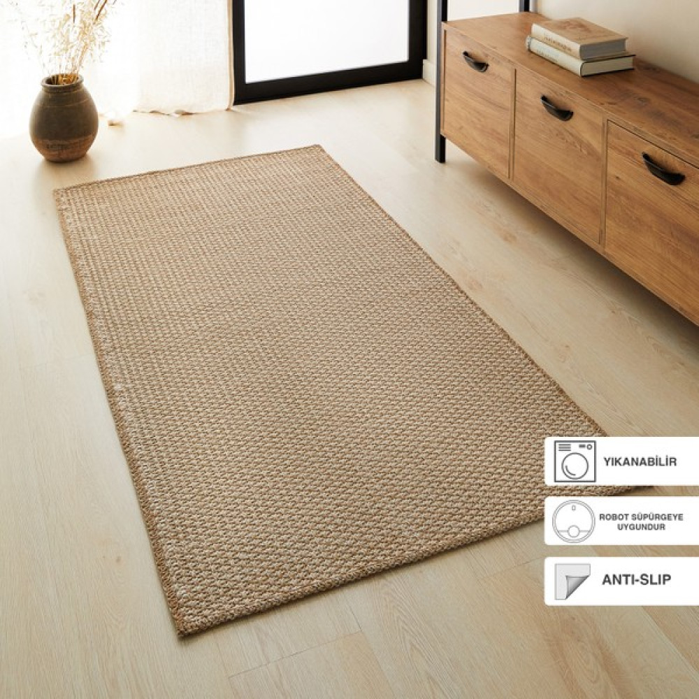 Ocean Home Textile Yıkanabilir Jüt Görünümlü Ekru Naturel Renk Hasır Desenli Halı Kilim 80 x 150 cm - Bej - Beyaz Kilim Fiyatı