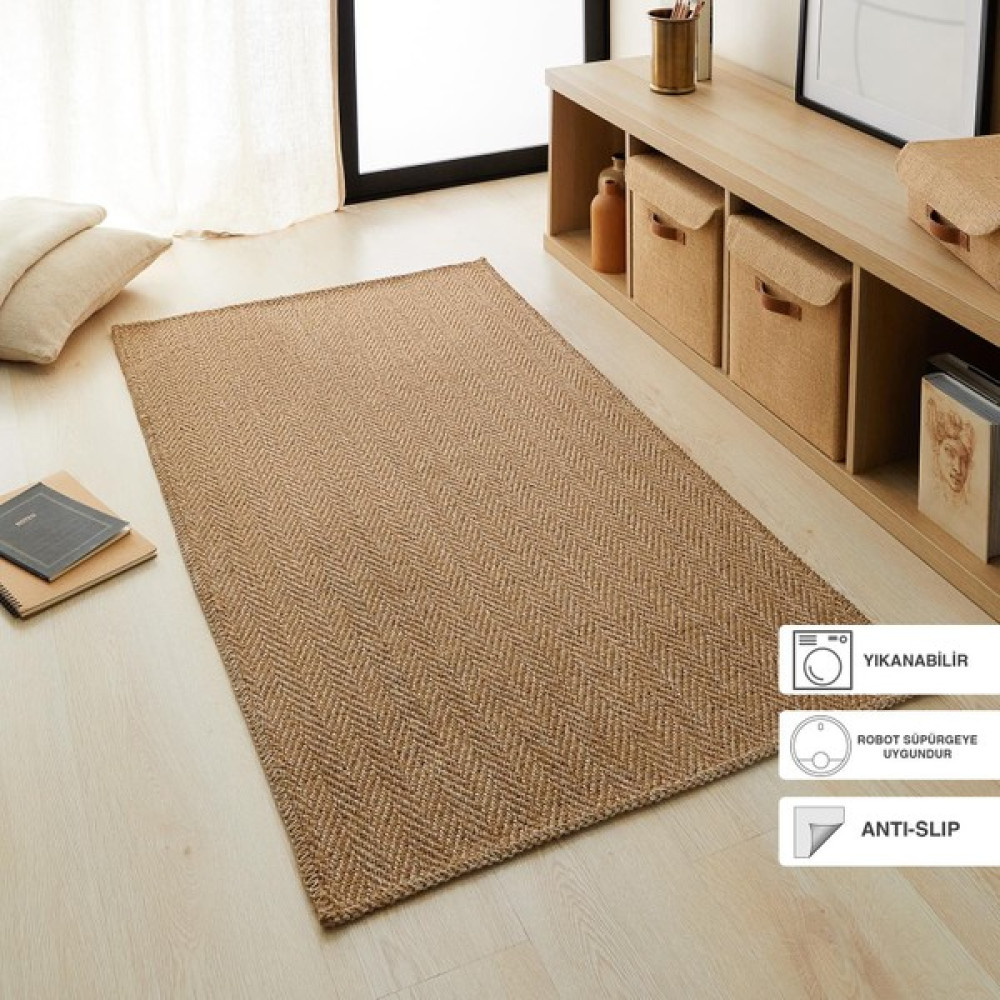 Ocean Home Textile Yıkanabilir Jüt Görünümlü Naturel Renk Balıksırtı Halı Kilim 80 x 150 cm - Bej Kilim Fiyatı