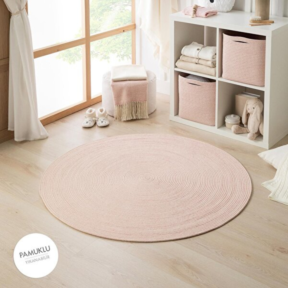 Ocean Home Textile Yıkanabilir Pembe Kırçıllı Pamuklu Halı Kilim 120 cm çap - 120 x 120 cm Kilim Fiyatı