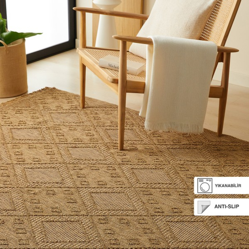 Ocean Home Textile Yıkanabilir Saçaklı Jüt Görünümlü Karo Desenli Halı Kilim 120 x 180 cm - Bej - Kahverengi Kilim Fiyatı