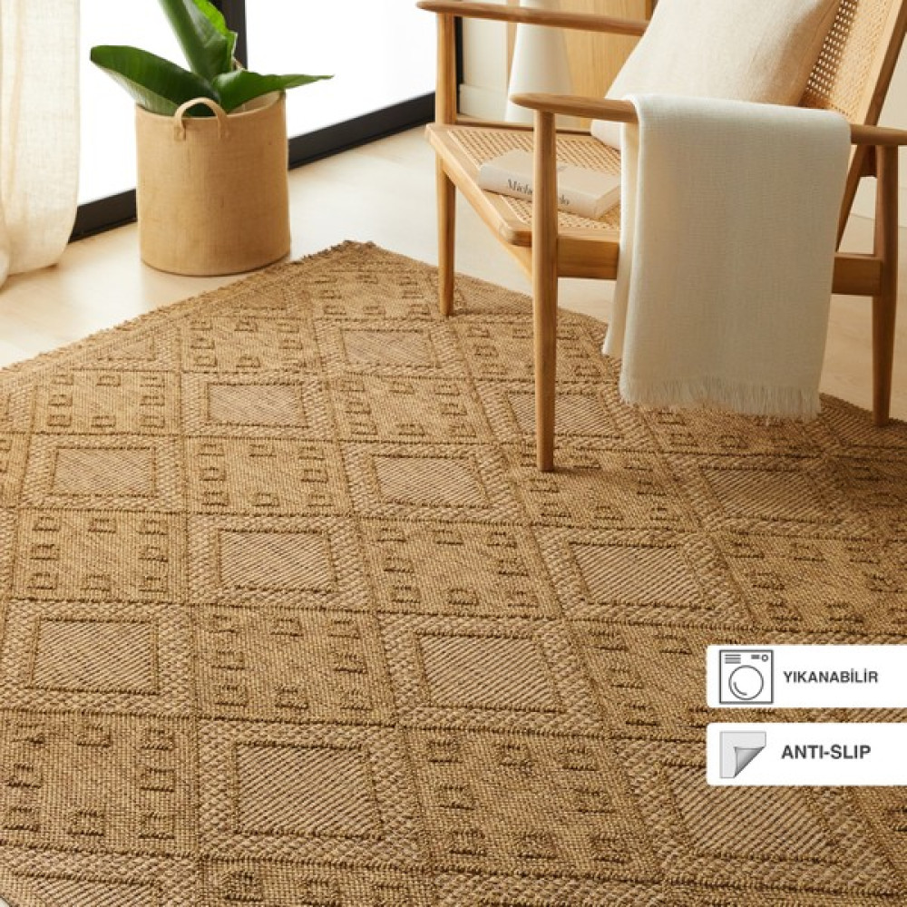 Ocean Home Textile Yıkanabilir Saçaklı Jüt Görünümlü Naturel Renk Karo Desenli Halı Kilim 160 x 230 cm - Bej - Kahverengi Kilim Fiyatı