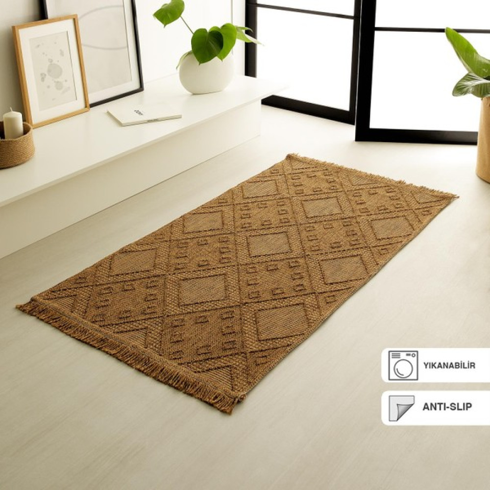 Ocean Home Textile Yıkanabilir Saçaklı Jüt Görünümlü Naturel Renk Karo Desenli Halı Kilim 80 x 150 cm - Bej - Kahverengi Kilim Fiyatı