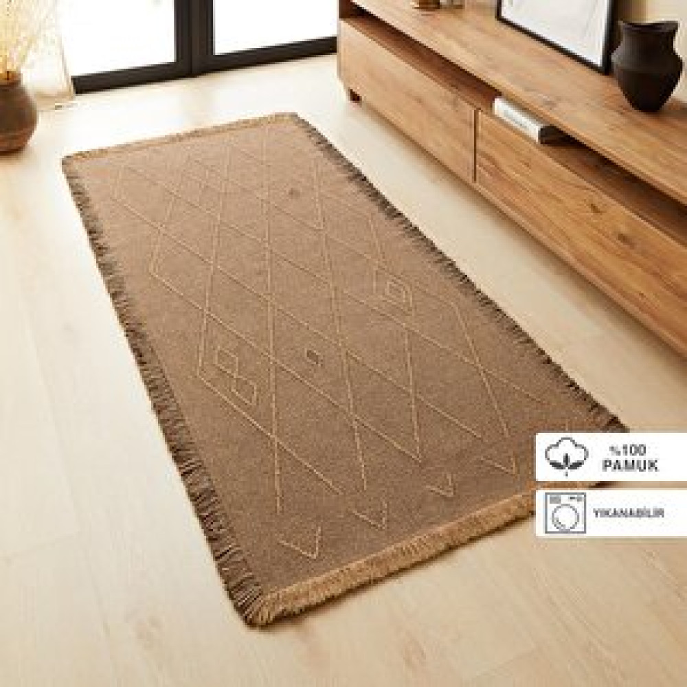 Ocean Home Textile Yıkanabilir Saçaklı Kahve Renk Pamuklu Halı Kilim 70 X 160 Cm Kilim Fiyatı