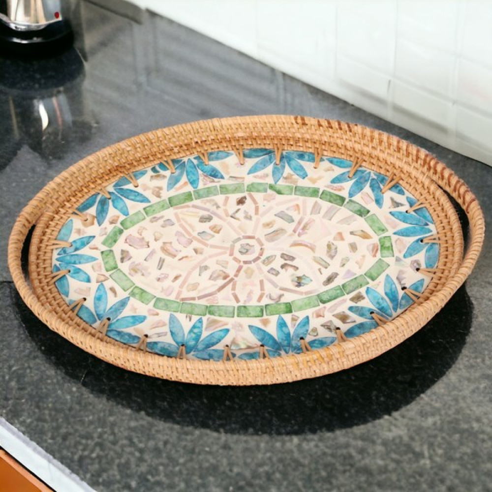 Ocean Point Rattan Servis Tepsisi Oval Kulplu Çay Kahve Sunumluk Dekoratif Doğal Tepsi 35CM Oceanpoint - Bej Rengi - Açık Mavi Servis Tepsisi Fiyatı