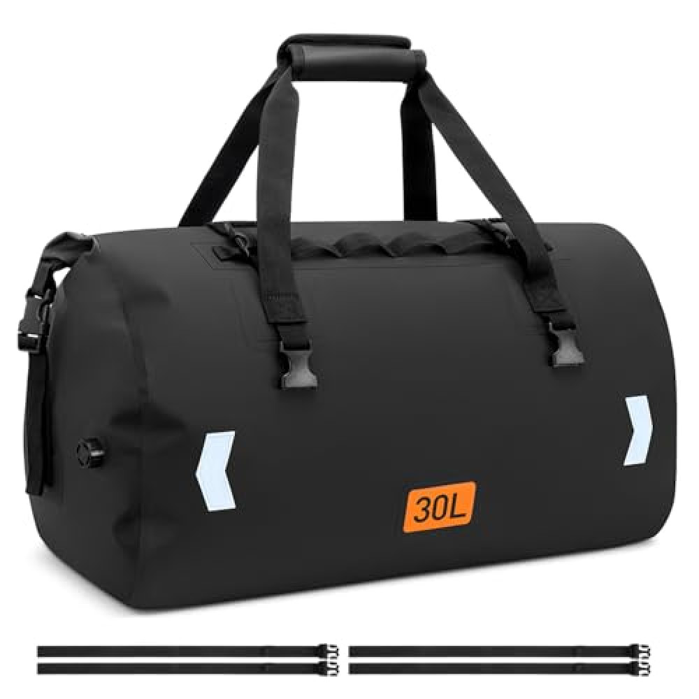 OCKLILY Motorcycle Dry Bag, Waterproof Duffel Bag & Roll-top Dry Duffel Bag, Motorcycle Luggage Travel Bag with Air Valve & Quick-fixed Straps For Riding,Travel, Black, 30L