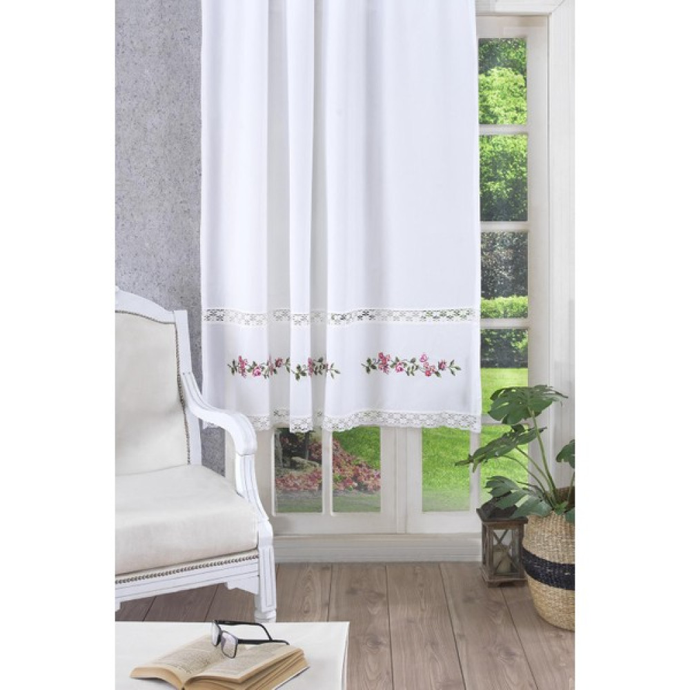 Ödel Home Ajurlu Dantelli Çiçek Nakışlı Fon Perde - Beyaz - Pembe - 160 x 180 cm Fon Perde Fiyatı