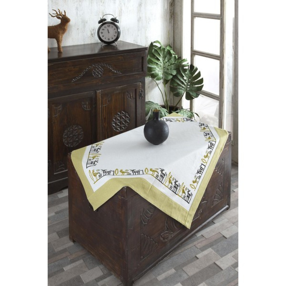 Ödel Home Buldan Keteni Bordürlü Taş Baskılı Etnik Desenli Masa Örtüsü - Yeşil - 90 x 90 cm Masa Örtüsü Fiyatı