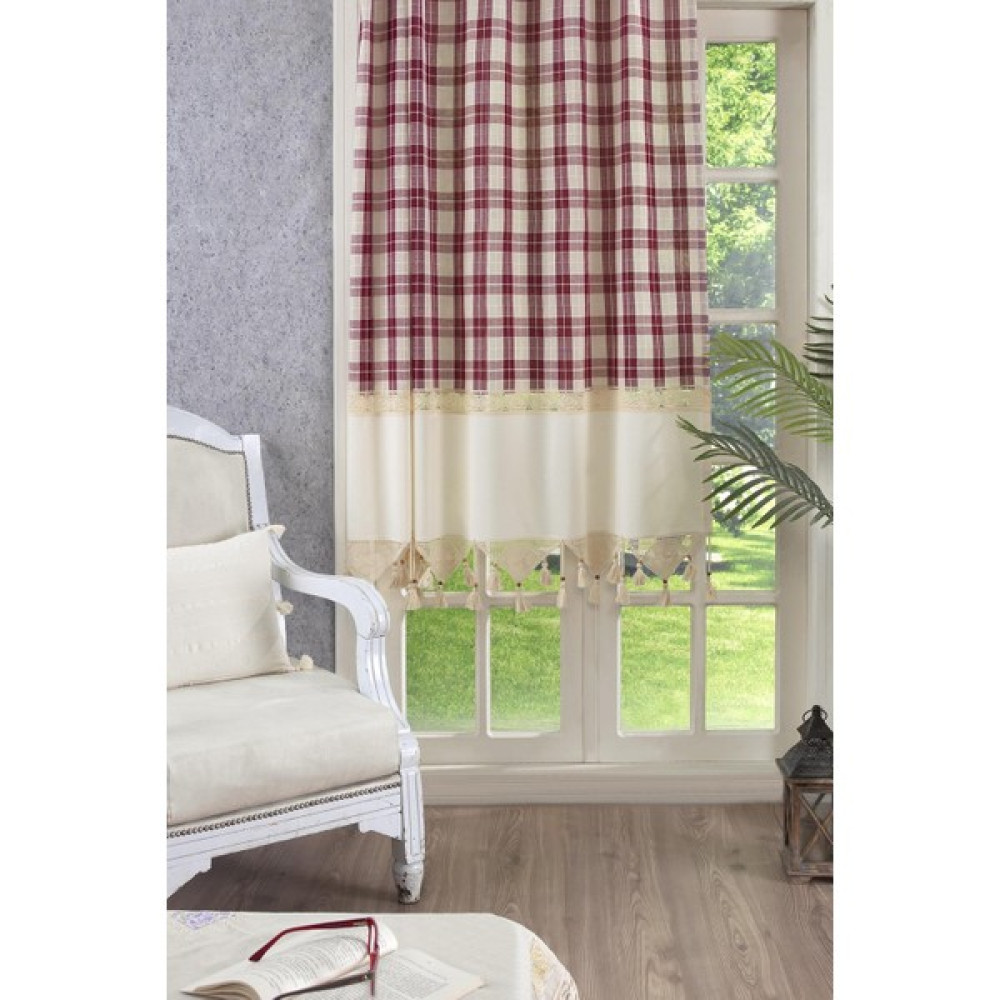 Ödel Home Buldan Keteni Dantelli Ekose Desenli Ponpon Detaylı Fon Perde - Bordo - 150 x 180 cm Fon Perde Fiyatı