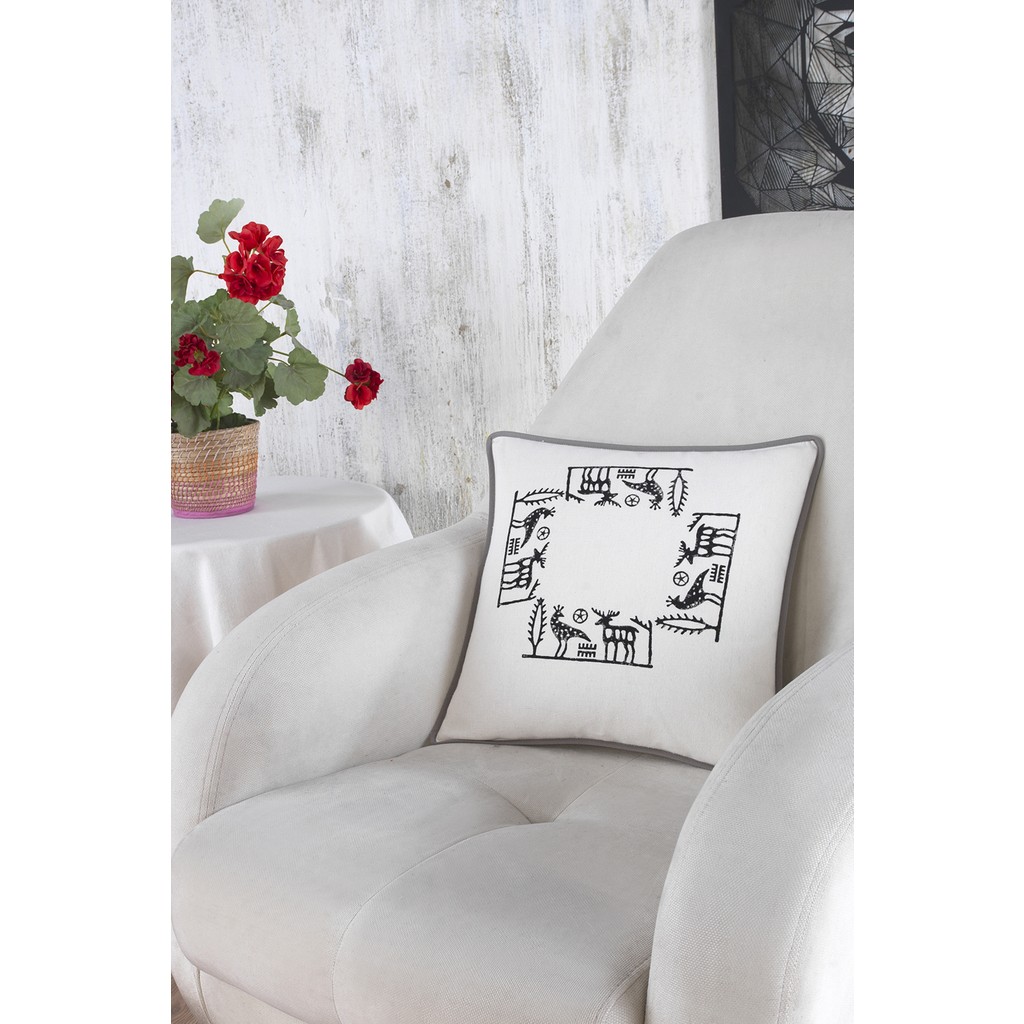 Ödel Home Buldan Keteni Etnik Desenli Taş Baskılı Biyeli Kırlent - 40 x 40 cm - Antrasit Kırlent / Mobilya Yastığı Fiyatı
