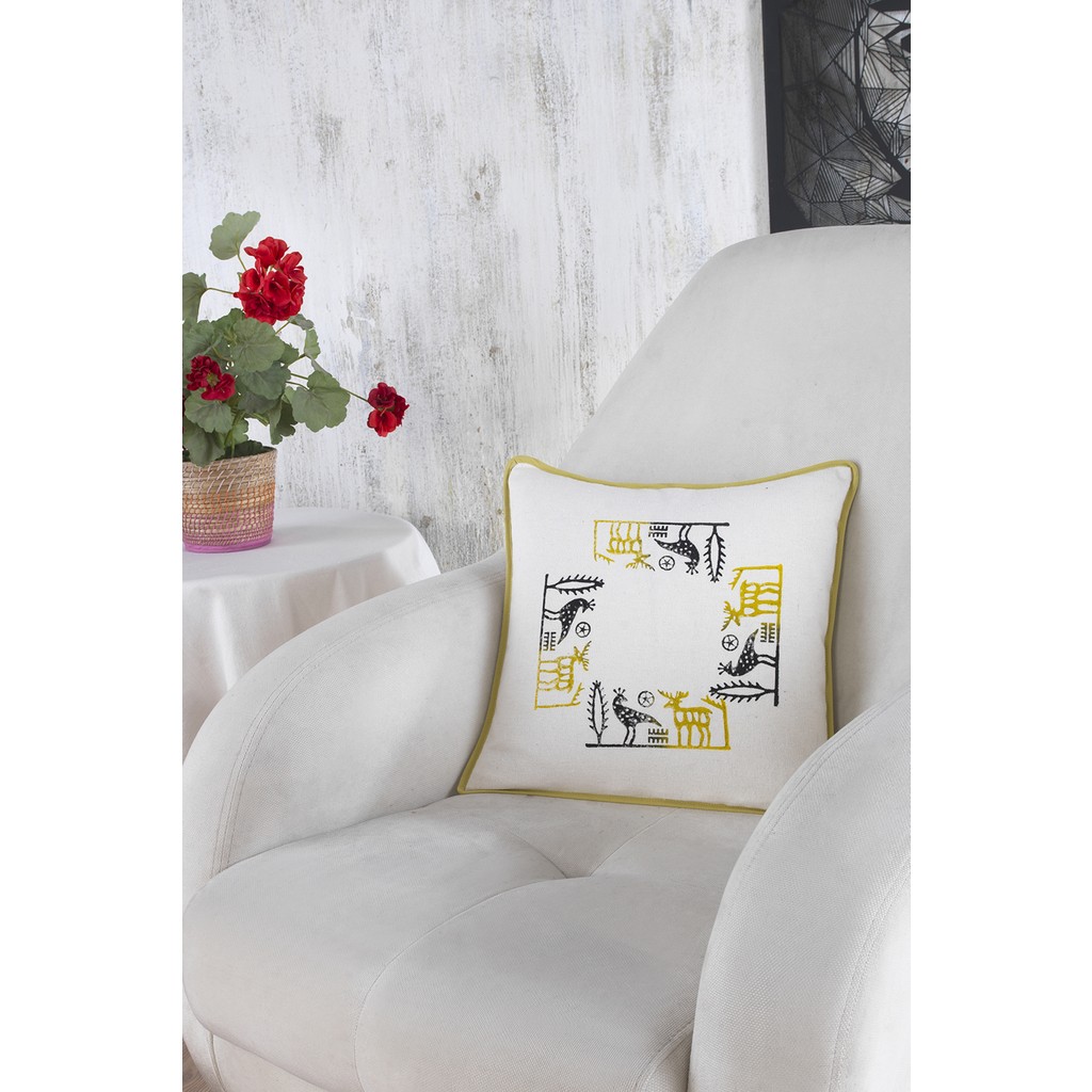 Ödel Home Buldan Keteni Etnik Desenli Taş Baskılı Biyeli Kırlent - 40 x 40 cm - Fıstık Yeşili Kırlent / Mobilya Yastığı Fiyatı