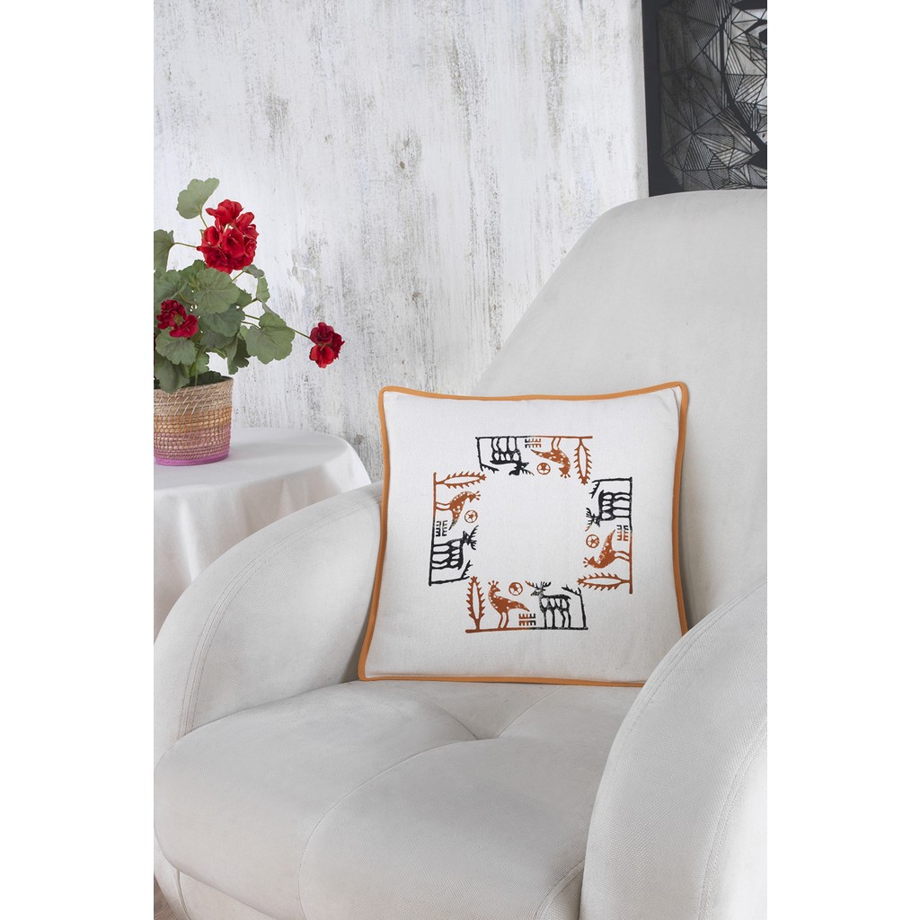 Ödel Home Buldan Keteni Etnik Desenli Taş Baskılı Biyeli Kırlent - 40 x 40 cm - Hardal Kırlent / Mobilya Yastığı Fiyatı