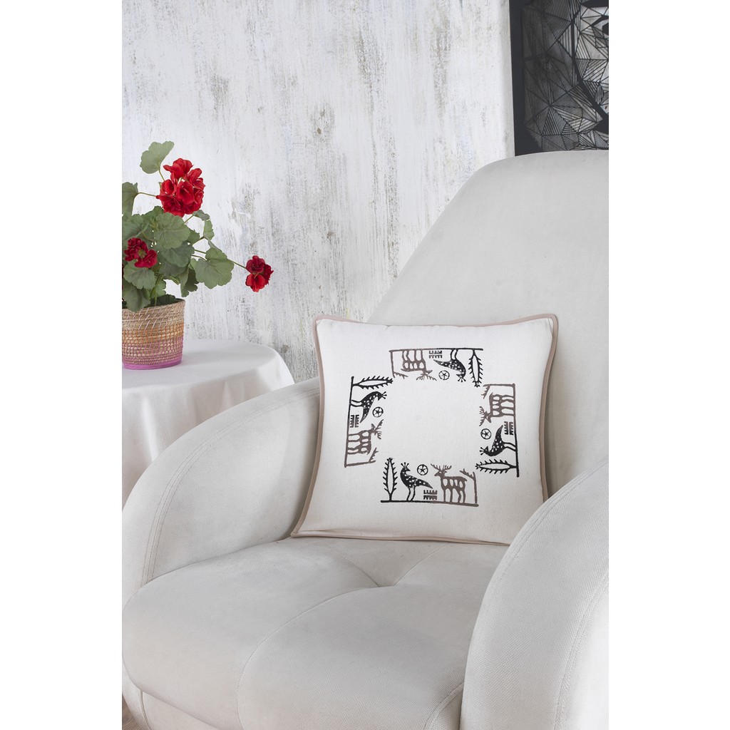 Ödel Home Buldan Keteni Etnik Desenli Taş Baskılı Biyeli Kırlent - 40 x 40 cm - Sütlü Kahve Kırlent / Mobilya Yastığı Fiyatı