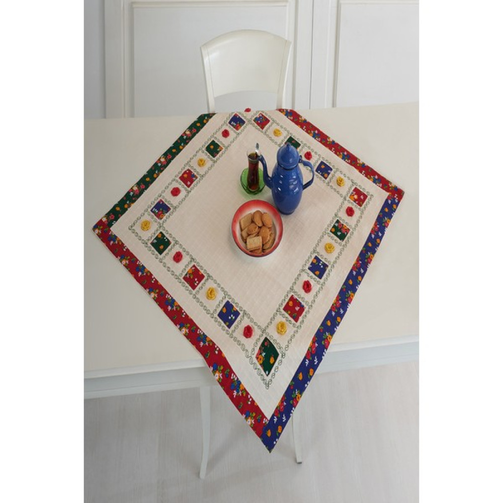 Ödel Home Kırçiçeği İşlemeli Masa Örtüsü - Naturel - 90 x 90 cm Masa Örtüsü Fiyatı