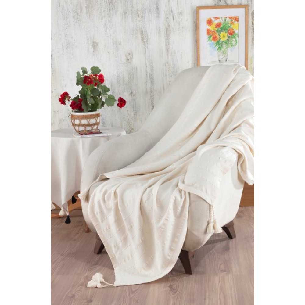 Ödel Home Ponpon Detaylı Fitilli Buldan Kumaşı Koltuk Örtüsü - Krem - 140 x 180 cm Koltuk & Kanepe Örtüsü Fiyatı