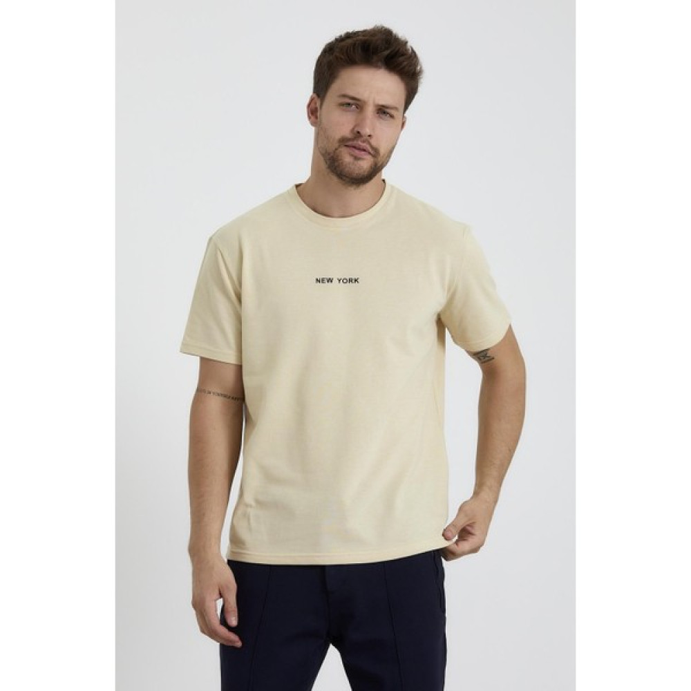 Odelon Erkek Bisiklet Yaka Rahat Kalıp New York Baskılı Tişört Krem Erkek T-shirt Fiyatı